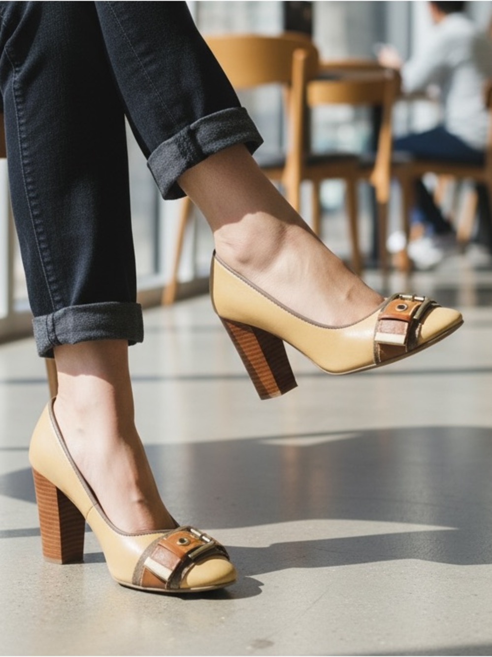Merona Tan & Brown Buckle Block Heel Pumps Size 8